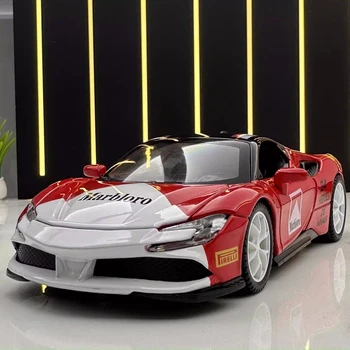 1: 32 Спортивный автомобиль Ferrari SF90, Отлитый под давлением Из металлического сплава, модель автомобиля Со звуком и подсветкой, Откидывающаяся назад С акриловой коробкой, Коллекция детских игрушек и подарков
