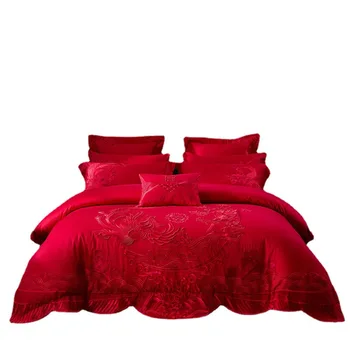 160 Количество нитей Двухнитевой хлопок из длинного штапеля Комплект из четырех предметов Хлопковое атласное стеганое одеяло большого красного цвета с вышивкой