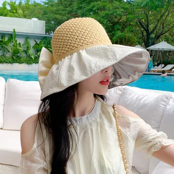 2023 Корейская Шляпа Женская Цветная Пластиковая С Тисненым Бантом Летняя Воздушная Верхняя Солнцезащитная Шляпа Для Путешествий На Открытом Воздухе Солнцезащитная Шляпа