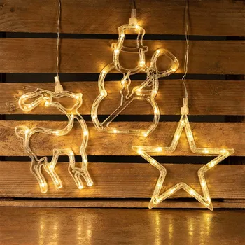 3шт Рождественских декоративных фонарей для окон Праздничные светодиодные фонари с рождественской звездой и снеговиком на батарейках для домашнего декора Подвесная гирлянда