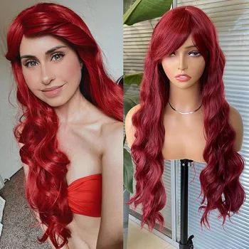 AIMEYA Красный Синтетический парик с челкой Длинноволновая Русалка Косплей Парики для женщин Костюм на Хэллоуин Парики из термостойкого волокна волос