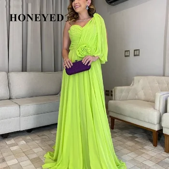 Honeyed2023 Мятно-зеленый шифон, Женские вечерние платья, Винтажные платья для выпускного вечера, складки на одно плечо, Платье для официальных мероприятий в цветочек 2023