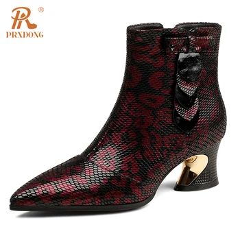 PRXDONG/ Женская обувь из натуральной кожи, ботильоны на среднем каблуке с острым носком, черные вечерние женские полусапожки для работы, большие размеры 34-43