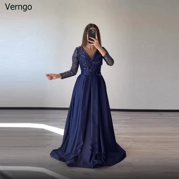 Verngo Платье для выпускного вечера из атласа с блестками трапециевидной формы, вечернее платье с V-образным вырезом и длинными рукавами, вечерние платья знаменитостей Саудовской Аравии, Vestidos De Noche