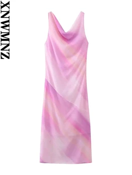 XNWMNZ 2023 Женское модное платье-туль с принтом, женское французское винтажное платье с заниженной шеей, Темпераментные женские платья Миди