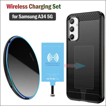 Беспроводная Зарядка Qi для Samsung Galaxy A34 5G Беспроводное Зарядное Устройство A346 + Адаптер Зарядного приемника USB Type-C + Мягкий чехол из ТПУ