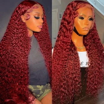 Бордовый Прозрачный парик с глубокой волной на кружеве 13x4 Красного цвета, Бразильский парик Remy с Т-образной частью, Вьющиеся парики из человеческих волос для женщин