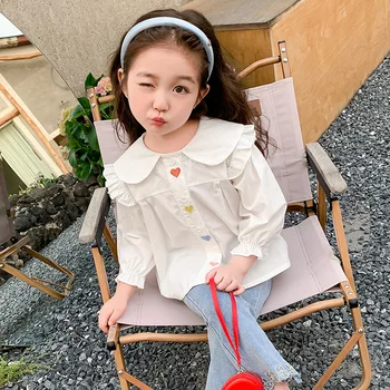 Весна и осень для девочек в корейском стиле, Новая мода 2023, красочный кукольный воротник, летящий рукав, однотонная милая рубашка