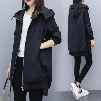 Ветровка с капюшоном средней длины 2023, женское пальто с осенним темпераментом, модное свободное повседневное пальто, женская одежда