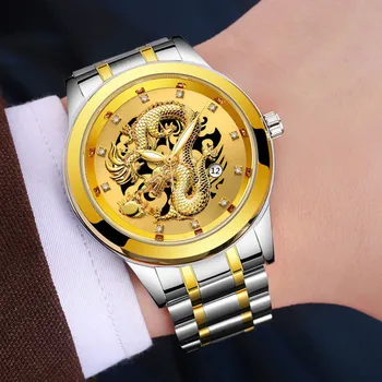 Водонепроницаемые мужские кварцевые часы со скульптурой золотого дракона, Роскошные мужские наручные часы из стали, Изысканные модные часы, Женские наручные часы Saat Er