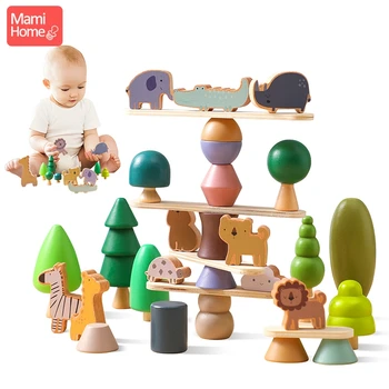 Детские Деревянные строительные блоки для укладки, игрушки для балансировки, детские животные, деревья, Высокие Настольные игры, развивающие игрушки Монтессори