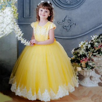 Желтые Длинные платья в цветочек для девочек, Фатиновая Белая аппликация, кепка с рукавом, свадьба, День рождения, бант, детское бальное платье для Первого причастия