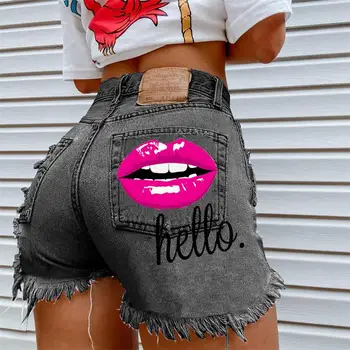 Женские джинсовые шорты, летние Новые Стильные повседневные шорты большого размера с буквенным принтом для губ