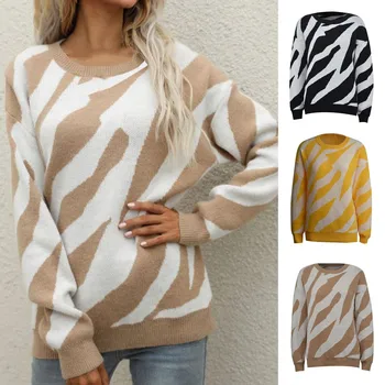 Женский полосатый модный вязаный пуловер, свитер, повседневный трикотаж с круглым вырезом, ropa mujer, Хип-винтаж