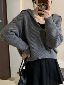 Женский свитер, новинка в корейской версии, в ленивом стиле, Мягкая клеенчатая универсальная трикотажная рубашка из двух предметов с капюшоном, женская одежда