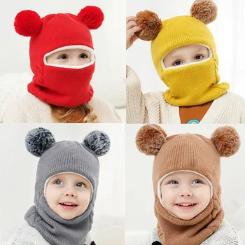 Зимняя детская вязаная шапка, милая плюшевая защита для ушей, шапочка для мужчин и женщин, детская вязаная шерстяная детская цельнокроеная шапка