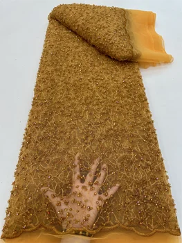 Золотое нигерийское сетчатое кружево с последовательной свадебной вышивкой 2023 года, Роскошная свадебная кружевная ткань с жемчужным бисером для вечеринки, 5 ярдов RF130K