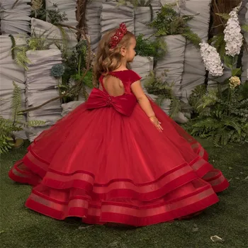 Индивидуальные свадебные платья для девочек-цветочниц, Красный Прекрасный тюль, Многослойные кружевные платья для принцессы, бал, Причастие, подарок на день рождения