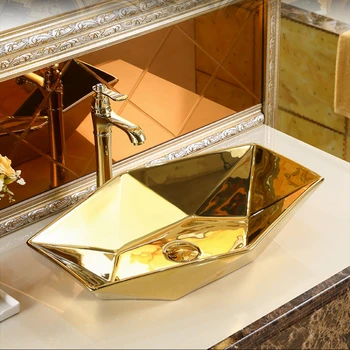 Керамический настольный умывальник с бриллиантами и золотом, Художественный умывальник для ванной комнаты в европейском стиле, Межплатформенный умывальник, Персонализированная раковина