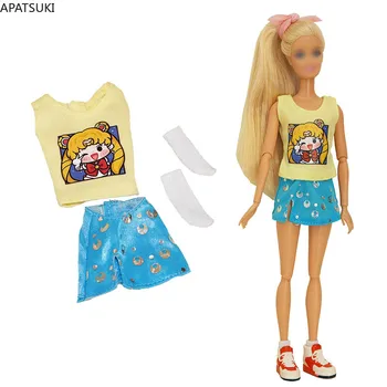Комплект летней одежды для куклы Барби, желтый жилет, топ с мультяшным принтом, Синяя юбка, Носки для кукол Barbie 1/6, аксессуары для кукол