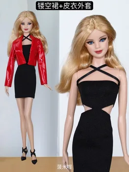 Комплект одежды / красное кожаное пальто + черное платье / кукольная одежда ручной работы 30 см, осенняя одежда Для 1/6 Xinyi FR ST Куклы Барби