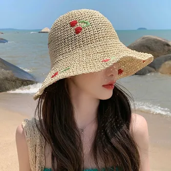 Корейская Милая Вишневая соломенная Рыбацкая шляпа, Женская Летняя защита от солнца, Пляжный отдых на море, Большой карниз, соломенная кепка от солнца