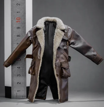 Коричневое кожаное пальто с меховым воротником в масштабе 1/12 для 6-дюймовой фигурки