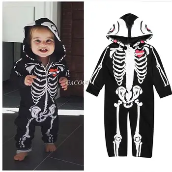 Костюм скелета на Хэллоуин для девочек и мальчиков, одежда для малышей, детские комбинезоны, карнавальные вечерние комбинезоны с капюшоном, страшные костюмы для косплея