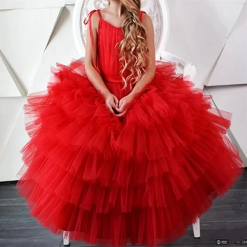 Красное многоярусное платье с цветочным узором для девочек, платья на тонких бретельках, 2023, длина до пола, Официальная вечеринка, Вечер первого Причастия, Детская одежда