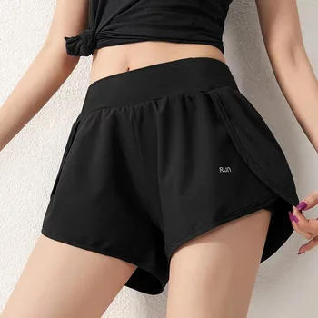 Летние женские спортивные шорты для йоги с карманами с буквенным принтом и высокой талией, повседневные быстросохнущие женские спортивные штаны для фитнеса, штаны для бега
