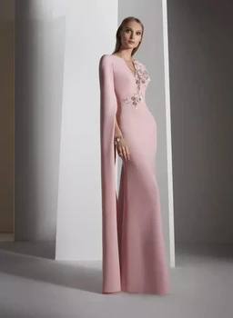 Накидка с длинными рукавами, Розовое официальное вечернее платье в арабском Дубае, длина до пола, одежда для выпускного вечера, Прозрачная кружевная аппликация сзади, стильное вечернее платье