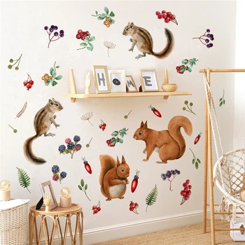 Наклейки на стену с изображением лесных животных из мультфильмов для детской комнаты, украшение детской комнаты, обои для детской комнаты, милые наклейки с белками