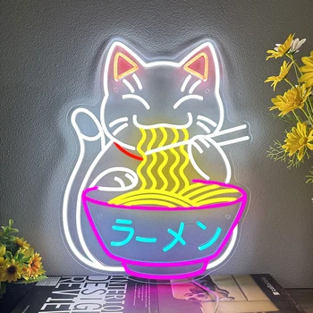 Неоновая вывеска Ramen с котом Фортуной, японская лапша, светодиодные неоновые вывески на заказ, аниме Каваи, декор бара, магазина, неоновый свет на стене