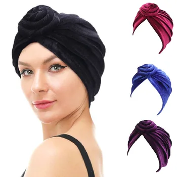 Новая женская Бархатная повязка на голову-тюрбан, мусульманские шапочки-хиджабы, Повязка на голову с верхним узлом, Женская Шапочка для волос, Однотонные Аксессуары для индийских шляп