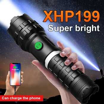 Новейшие светодиодные фонари высокой мощности XHP199 USB Перезаряжаемая 5-режимная лампа 26650 Аккумуляторный фонарь для тактического кемпинга на открытом воздухе HandLamp
