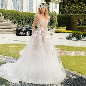 Новое дизайнерское свадебное платье с открытыми плечами и V-образным вырезом 2023 Свадебное платье с длинным рукавом, платья для невесты, Свадебные платья трапециевидной формы