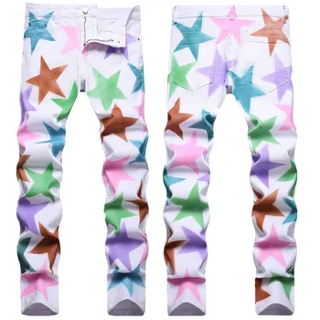 Новые мужские джинсовые брюки с нарисованными от руки цветными пятиконечными звездами для лета 2023, модные джинсы люксового бренда Slim Fit