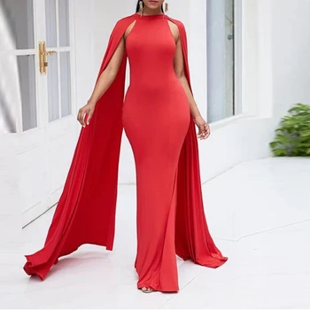 Облегающее платье с высоким воротом, длинное элегантное вечернее платье из красного крепа, вечернее платье Robe De Soirée для выпускного вечера с рукавом-колпачком