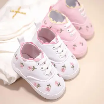Обувь для маленьких девочек, белая, розовая, кружевная, с цветочной вышивкой, хлопковая, на мягкой подошве, для прогулок, для малышей, для первых ходунков, Бесплатная доставка