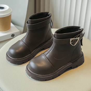 Обувь для мальчиков из искусственной кожи, новинка 2023 года, ботинки для маленьких девочек, модные однотонные детские ботинки унисекс в британском стиле в стиле ретро, прямая поставка, простые