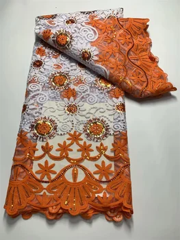 Оранжевая африканская сетчатая ткань С пайетками Нигерийская вышивка Тюль Сетчатая ткань Французское кружево Материал Tissu Africain En Dentelle ZN5