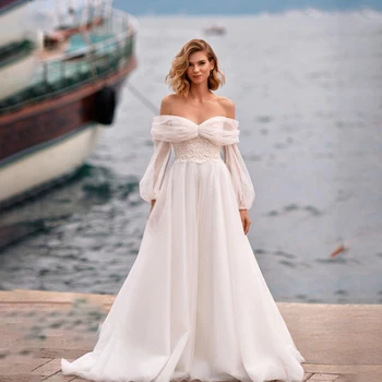 Пляжное свадебное платье с открытыми плечами и пышными длинными рукавами, сексуальные кружевные плиссированные тюлевые свадебные платья Princess Woman с открытой спиной 2023 года.