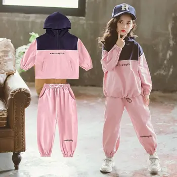 Повседневный комплект одежды для маленьких девочек, весна 2023, милая спортивная одежда с капюшоном и надписью, одежда с длинными рукавами для маленьких девочек от 3 до 12 лет