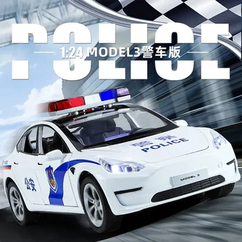 Полицейская машина 1: 24 Tesla Model 3 С высокой имитацией, Отлитая под давлением модель автомобиля из металлического сплава, коллекция детских игрушек, подарки