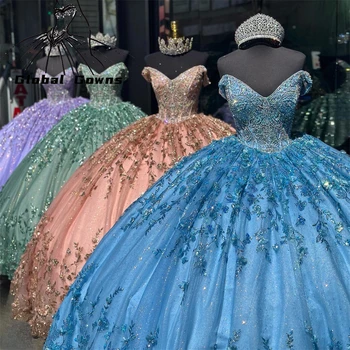 Принцесса Лейк-Блю, бальное платье с открытыми плечами, пышное платье для девочек, блестящие платья для дня рождения, украшенные бисером и кристаллами, платье для выпускного вечера