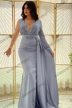 Пыльно-голубые атласные вечерние платья с аппликацией в виде русалки, вечернее платье с длинным рукавом и разрезом сбоку, женское вечернее платье