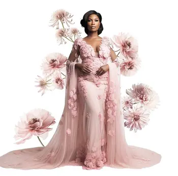 Розовое платье с цветочными аппликациями для фотосессии для беременных, платья для выпускного вечера из тюля с длинными рукавами для женщин, роскошное платье для душа ребенка, сшитое на заказ
