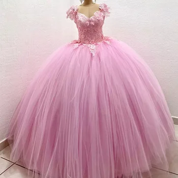 Розовые пышные платья принцессы 2023 С аппликациями, Кружевом и 3D Цветами, Милое 15-летие, бальное платье для выпускного вечера, особый случай