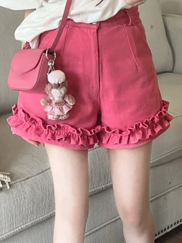 Розовые японские шорты Kawaii Sweet, женские летние Элегантные повседневные шорты с карманами, женские шорты с высокой талией в корейском стиле с рюшами, 2023 г.
