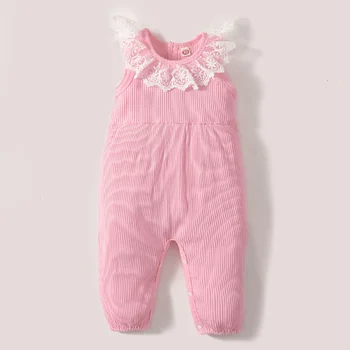 Розовый Боди без рукавов для маленьких девочек, летний комбинезон с кружевным круглым вырезом, прекрасный комбинезон, одежда для девочек от 3 до 24 месяцев